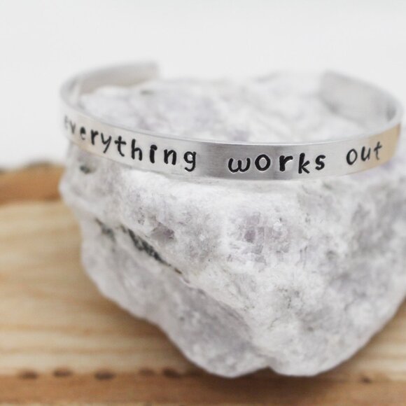 Everything Works Out - Hand Stamped Anodized Aluminum Bangle - Adjustable - Picture 2 of 11